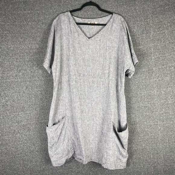 Flax Linen Gray Dress M Lagenlook Boho Minimalist Loose Fit Short Sleeve Pockets - Picture 2 of 6